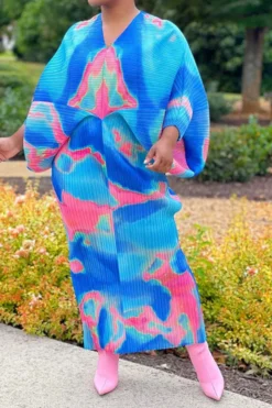 Tie Dye Colorful Batwing Sleeve Midi Dress -Prettytina C23041920 R2 3