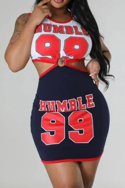 Letter Print Patchwork Casual Cutout Waist Mini Dress