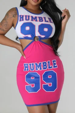 Letter Print Patchwork Casual Cutout Waist Mini Dress -Prettytina C23041927 RR 1