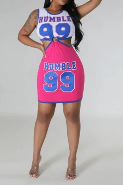 Letter Print Patchwork Casual Cutout Waist Mini Dress -Prettytina C23041927 RR 2