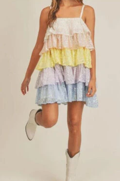 Color Block Sequined Sweet Tiered Ruffle Mini Dress -Prettytina C23041939 RT 3