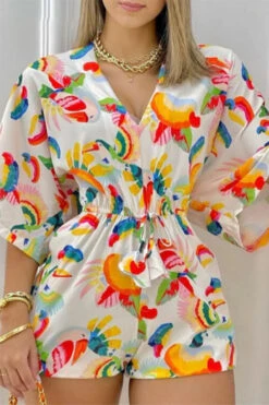 Natural Print Tropical Drawstring Romper