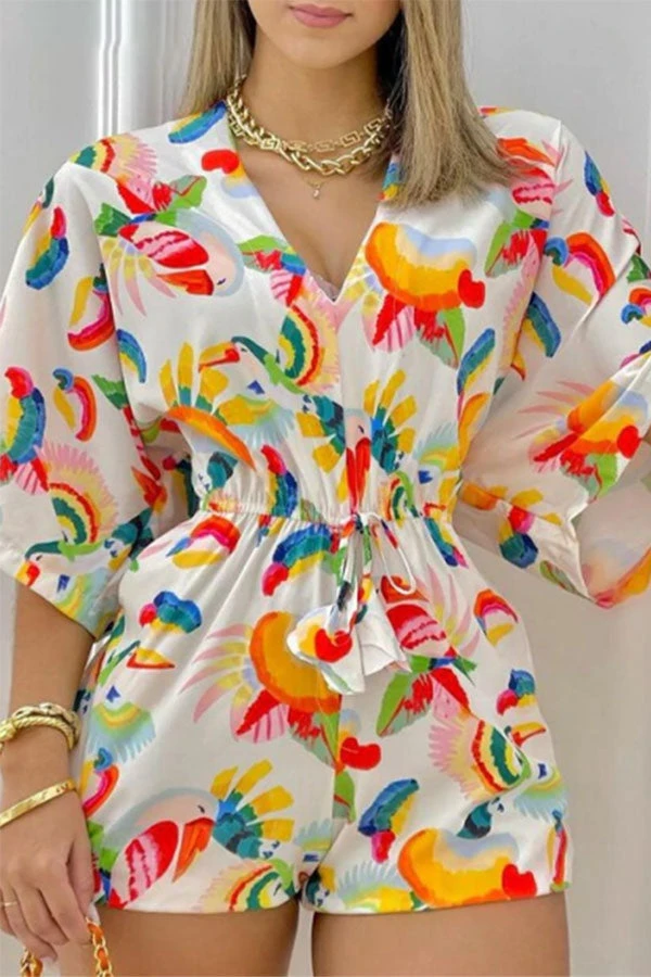 Natural Print Tropical Drawstring Romper 1 Natural Print Tropical Drawstring Romper