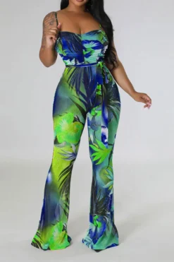Floral Print Romantic Belted Bell Bottoms Jumpsuit -Prettytina C23041975 BL 1