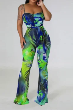 Floral Print Romantic Belted Bell Bottoms Jumpsuit -Prettytina C23041975 BL 2