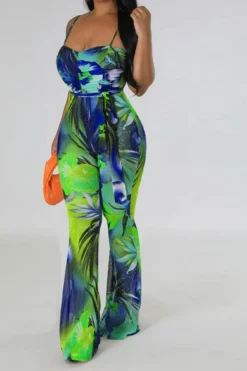 Floral Print Romantic Belted Bell Bottoms Jumpsuit -Prettytina C23041975 BL 3