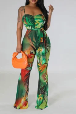 Floral Print Romantic Belted Bell Bottoms Jumpsuit -Prettytina C23041975 GR 1
