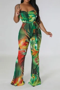 Floral Print Romantic Belted Bell Bottoms Jumpsuit -Prettytina C23041975 GR 2