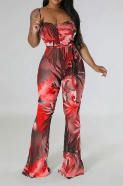 Floral Print Romantic Belted Bell Bottoms Jumpsuit