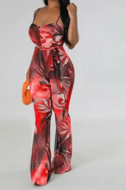 Floral Print Romantic Belted Bell Bottoms Jumpsuit -Prettytina C23041975 RE 3