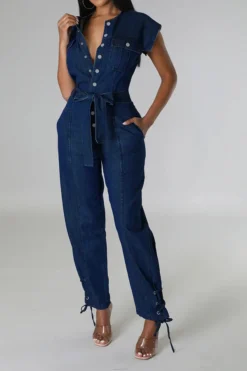 Solid Color On-trend Strappy Belted Denim Jumpsuit -Prettytina C23041976 BL 3