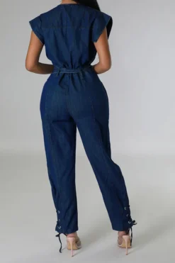 Solid Color On-trend Strappy Belted Denim Jumpsuit -Prettytina C23041976 BL 5
