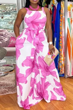 Floral Print Sweet Belted Wide Leg Jumpsuit