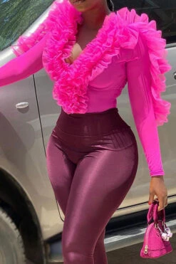 Solid Color Smart Mesh Ruffle Design Romper