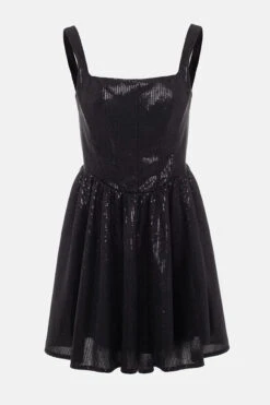 Sequined Smart Pleated Mini Dress -Prettytina C23042432 BK 5