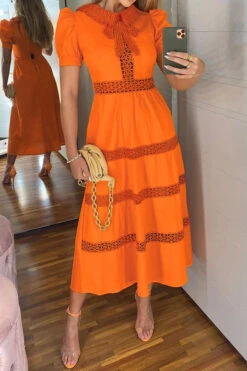 Solid Color Lacy Patchwork Pretty Midi Dress