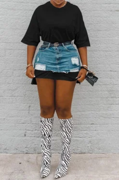 Color Block Smart Ripped Denim Dress Suit -Prettytina C23042460 BK 1