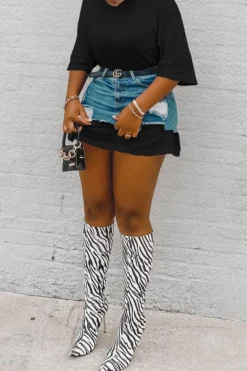 Color Block Smart Ripped Denim Dress Suit -Prettytina C23042460 BK 4