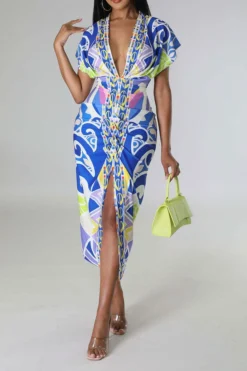 Tribal Print Feminine Draped High Split Midi Dress -Prettytina C23042515 BL 1