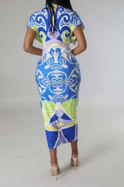 Tribal Print Feminine Draped High Split Midi Dress -Prettytina C23042515 BL 2