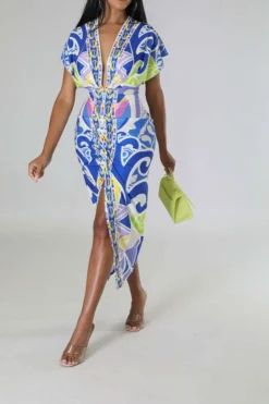 Tribal Print Feminine Draped High Split Midi Dress -Prettytina C23042515 BL 3