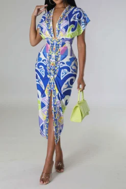 Tribal Print Feminine Draped High Split Midi Dress -Prettytina C23042515 BL 4