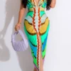 Tribal Print Feminine Draped High Split Midi Dress