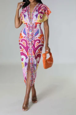 Tribal Print Feminine Draped High Split Midi Dress -Prettytina C23042515 PI 1