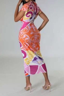 Tribal Print Feminine Draped High Split Midi Dress -Prettytina C23042515 PI 2