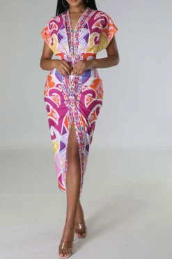 Tribal Print Feminine Draped High Split Midi Dress -Prettytina C23042515 PI 3