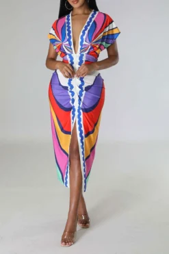 Tribal Print Feminine Draped High Split Midi Dress -Prettytina C23042515 RR 1