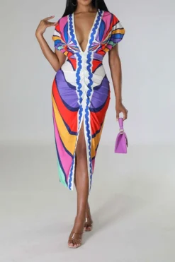 Tribal Print Feminine Draped High Split Midi Dress -Prettytina C23042515 RR 2