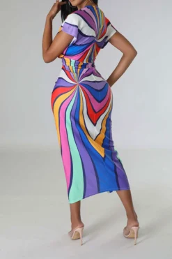 Tribal Print Feminine Draped High Split Midi Dress -Prettytina C23042515 RR 3