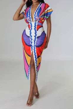 Tribal Print Feminine Draped High Split Midi Dress -Prettytina C23042515 RR 4