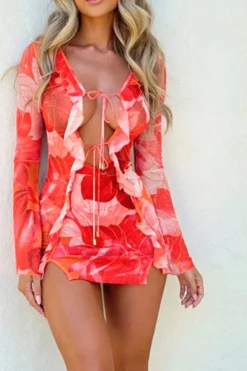 Floral Print Flattering Ruffle Lace-Up Mini Dress 6 Floral Print Flattering Ruffle Lace-Up Mini Dress -Prettytina C23042521 OR 3