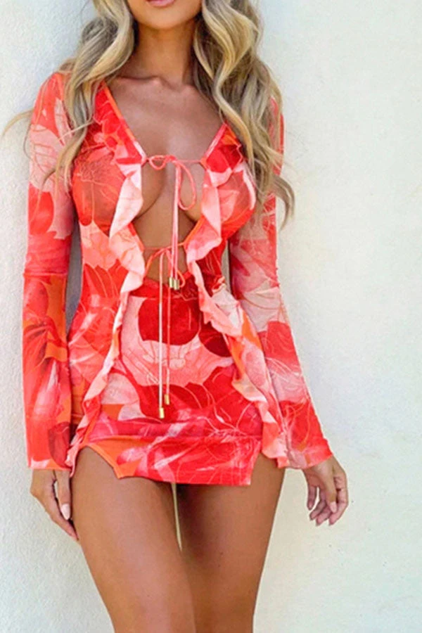 Floral Print Flattering Ruffle Lace-Up Mini Dress 3 Floral Print Flattering Ruffle Lace-Up Mini Dress - Image 3