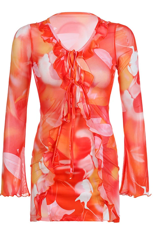 Floral Print Flattering Ruffle Lace-Up Mini Dress 4 Floral Print Flattering Ruffle Lace-Up Mini Dress - Image 4