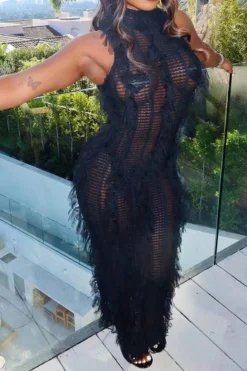 Solid Color Whimsical Tassel Knitted Midi Dress -Prettytina C23042829 BK 1