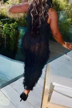 Solid Color Whimsical Tassel Knitted Midi Dress -Prettytina C23042829 BK 2