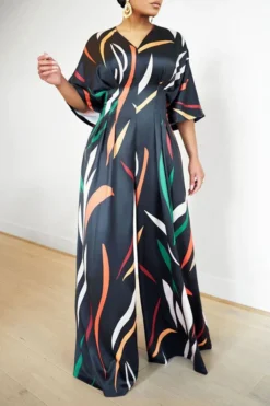 Colorful Striped V Neck Wide Leg Jumpsuit -Prettytina C23042839 BK 1