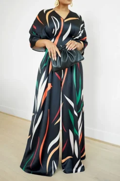 Colorful Striped V Neck Wide Leg Jumpsuit -Prettytina C23042839 BK 2