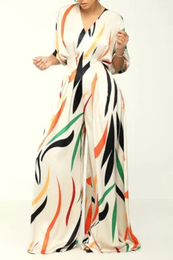 Colorful Striped V Neck Wide Leg Jumpsuit -Prettytina C23042839 WH 4