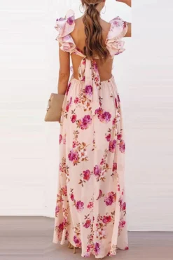 Floral Print Elegant Ruffle Tie Back Maxi Dress -Prettytina C23042844 RT 3