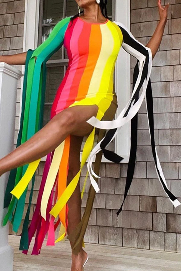 Color Block Dramatic Tassel Midi Dress 3 Color Block Dramatic Tassel Midi Dress - Image 3