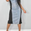 Hit Color Patchwork On-trend Denim Midi Dress