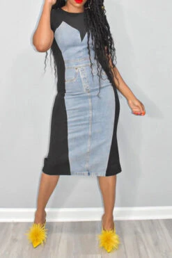 Hit Color Patchwork On-trend Denim Midi Dress