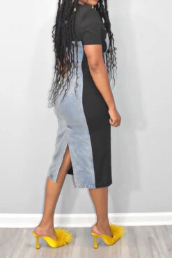 Hit Color Patchwork On-trend Denim Midi Dress -Prettytina C23050417 BL 3