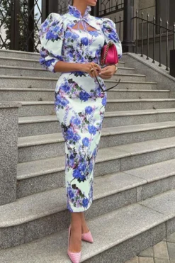 Floral Print Glamorous Mandarin Collar Midi Dress -Prettytina C23050418 BL 2