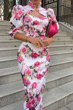 Floral Print Glamorous Mandarin Collar Midi Dress
