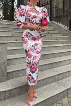 Floral Print Glamorous Mandarin Collar Midi Dress -Prettytina C23050418 RR 3